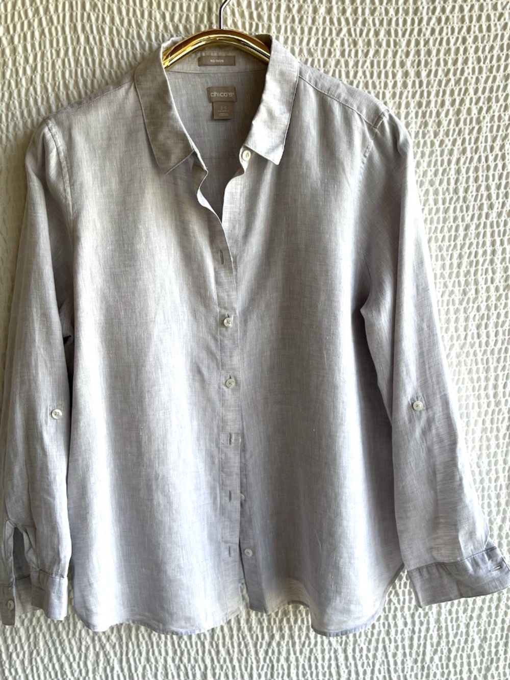 No Iron Dove Gray Womens Shirt Linen Chicos L 14 2.5 Long Sleeve Button Up